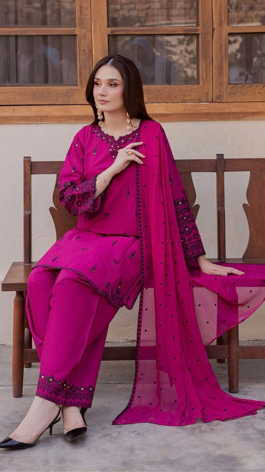 BTK-3PC UNIQUE UNSTITCHED FULLY EMBROIDERED OUTFIT