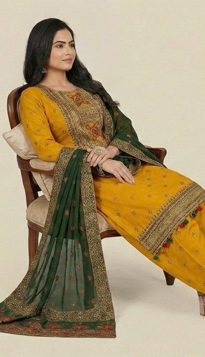 RHN-3PC UNSTITCHED FULL EMBROIDERED OUTFIT