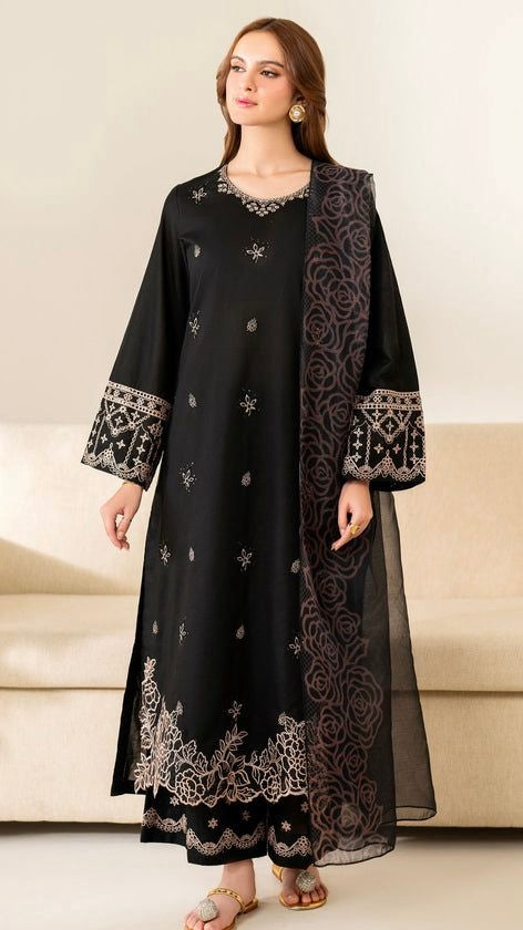 LAM-3PC BLACK UNSTITCHED FULLY EMBROIDERED OUTFIT