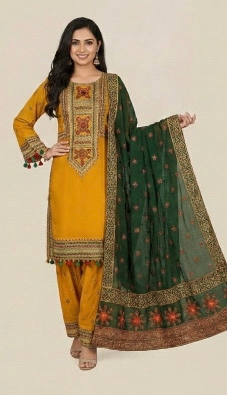 RHN-3PC UNSTITCHED FULL EMBROIDERED OUTFIT