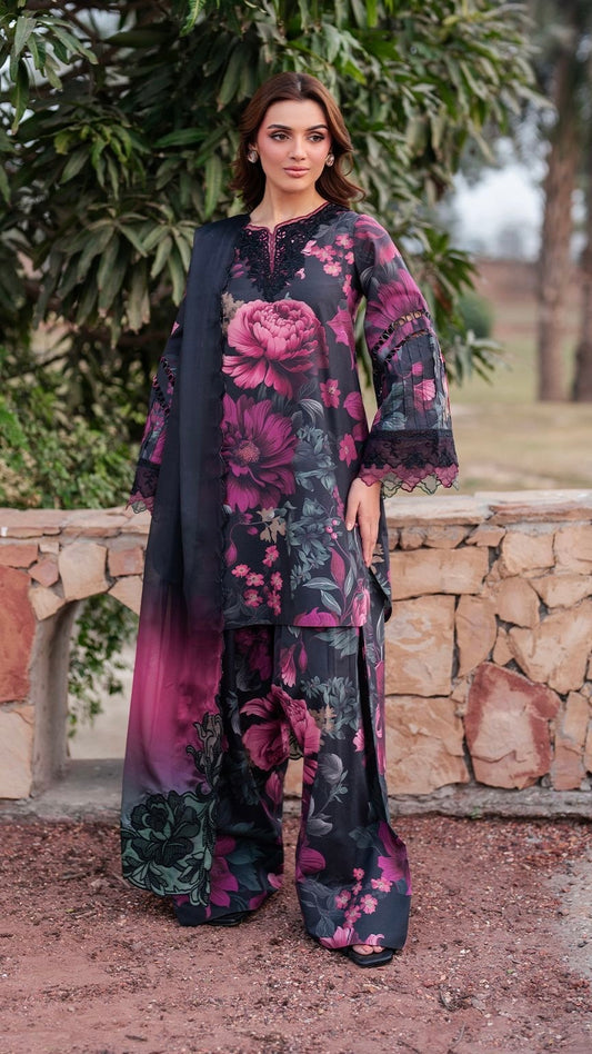 IZN-3PC SILK EMBROIDERED UNSTICHED