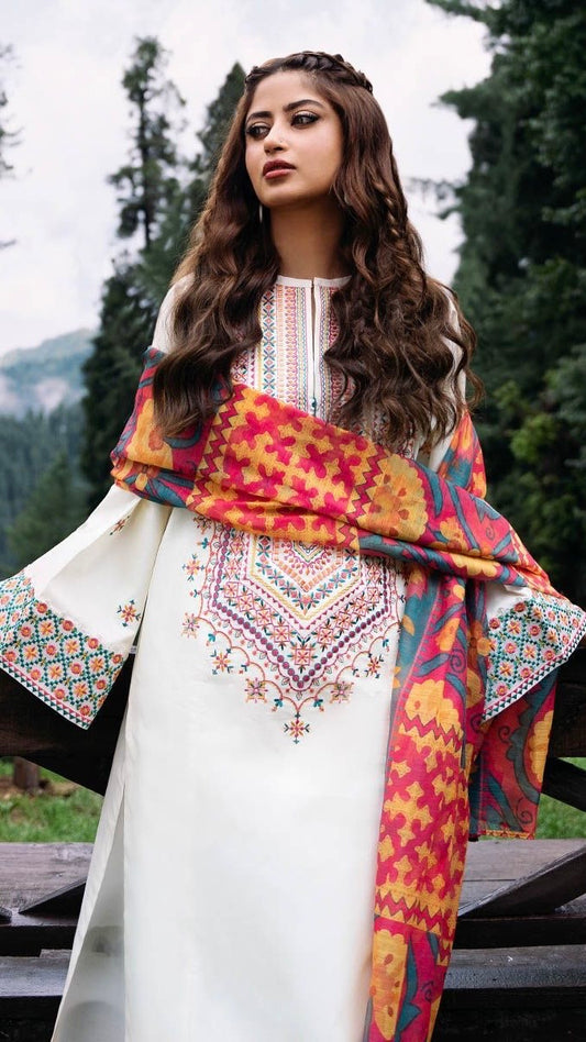 CMS-3PC UNSTITCHED UNIQUE EMBROIDERED OUTFIT