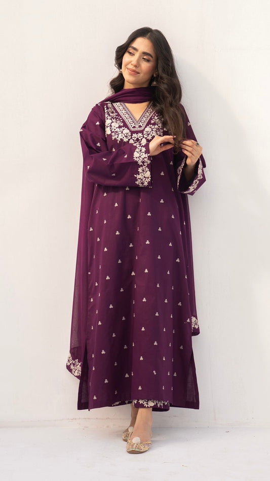 AES-3PC DHANAK EMBROIDERED USTICHED