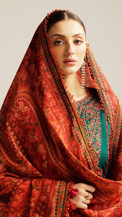 HRN-3PC DHANAK HEAVY EMBROIDERED UNSTICHED