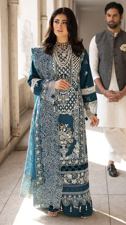 MRK-3Pc HEAVY EMBROIDERED UNSTITCH (EID SPECIAL) Ocean Blue