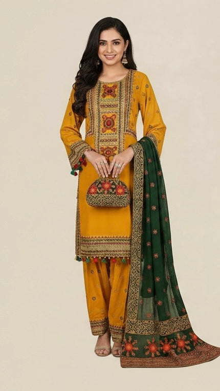 RHN-3PC UNSTITCHED FULL EMBROIDERED OUTFIT
