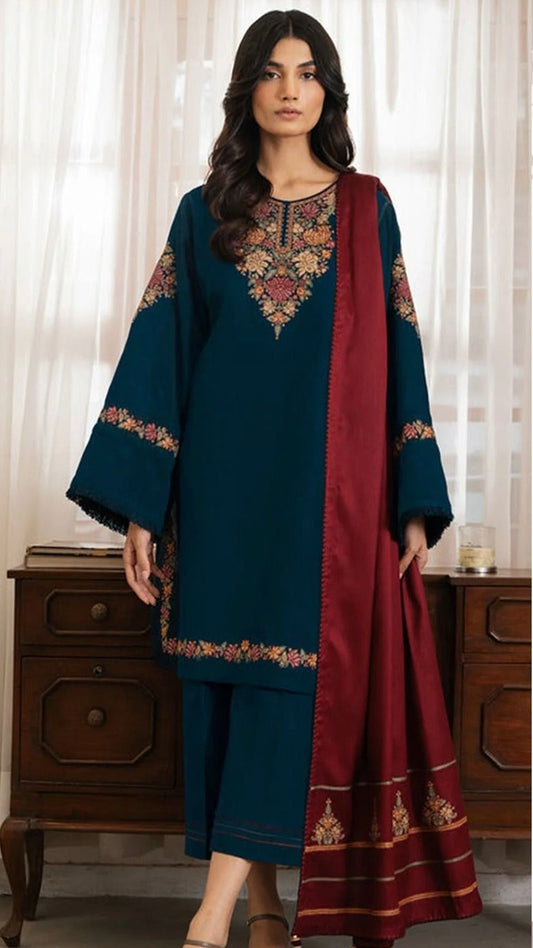 JZ-3PC UNSTITCHED FULL EMBROIDERED OUTFIT