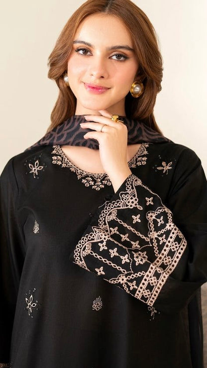 LAM-3PC BLACK UNSTITCHED FULLY EMBROIDERED OUTFIT