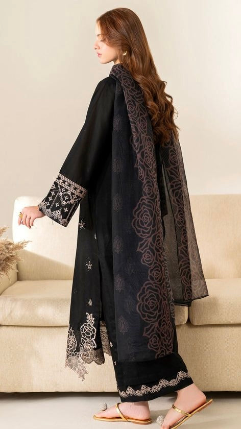 LAM-3PC BLACK UNSTITCHED FULLY EMBROIDERED OUTFIT
