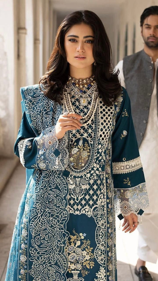 MRK-3Pc HEAVY EMBROIDERED UNSTITCH (EID SPECIAL) Ocean Blue
