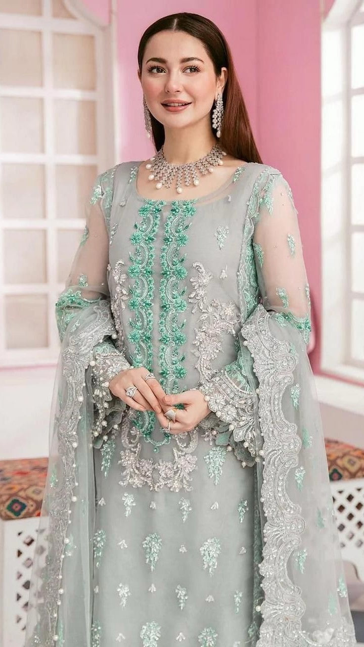 ELN-3PC ORGANZA EMBROIDERED UNSTITCHED