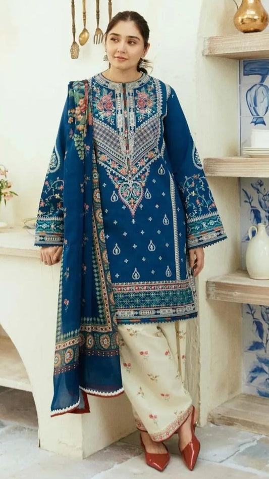 ZRSH- 3PC BLUE LAWN EMBROIDERED